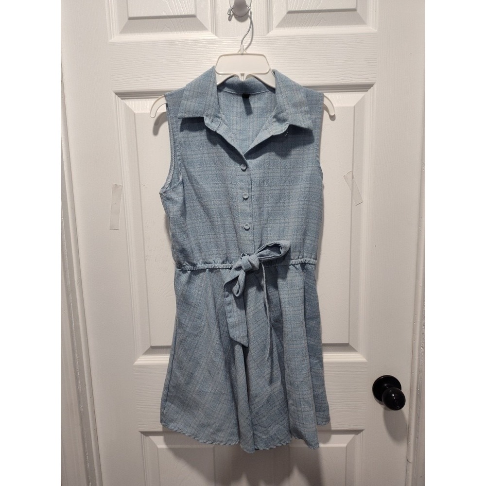 Lightweight Light blue Sleeveless Shirt Dress Size Large elastic waist faux tie - Picture 1 of 5